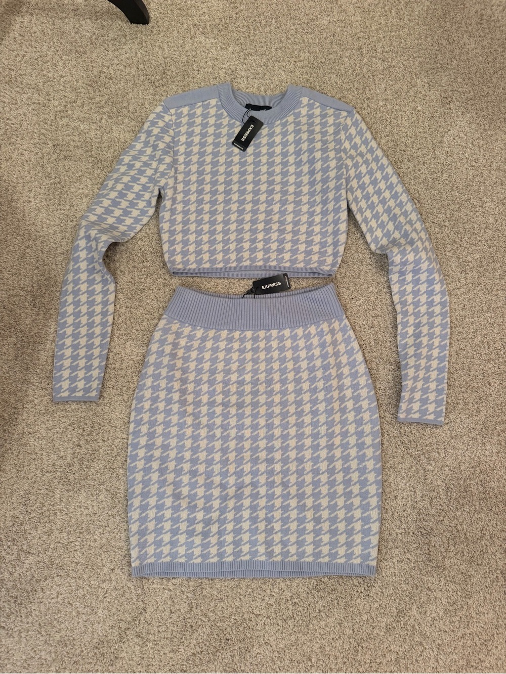 Express Light Blue and Cream Houndstooth Knit Two-Piece Set